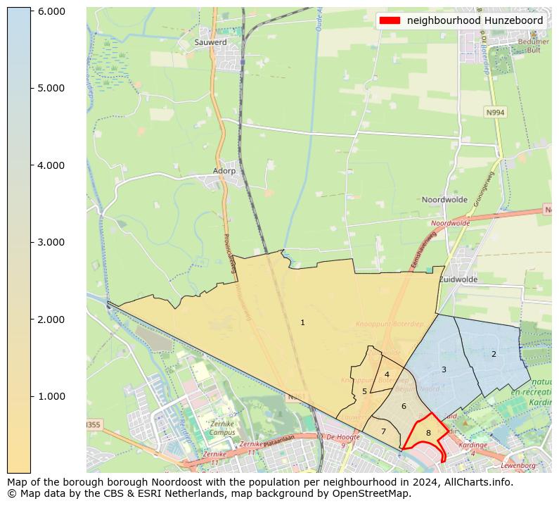 Image of the neighbourhood Hunzeboord at the map. This image is used as introduction to this page. This page shows a lot of information about the population in the neighbourhood Hunzeboord (such as the distribution by age groups of the residents, the composition of households, whether inhabitants are natives or Dutch with an immigration background, data about the houses (numbers, types, price development, use, type of property, ...) and more (car ownership, energy consumption, ...) based on open data from the Dutch Central Bureau of Statistics and various other sources!