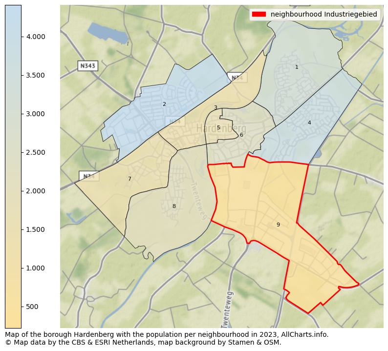 Map of the borough Hardenberg with the population per neighbourhood in 2023. This page shows a lot of information about residents (such as the distribution by age groups, family composition, gender, native or Dutch with an immigration background, ...), homes (numbers, types, price development, use, type of property, ...) and more (car ownership, energy consumption, ...) based on open data from the Dutch Central Bureau of Statistics and various other sources!