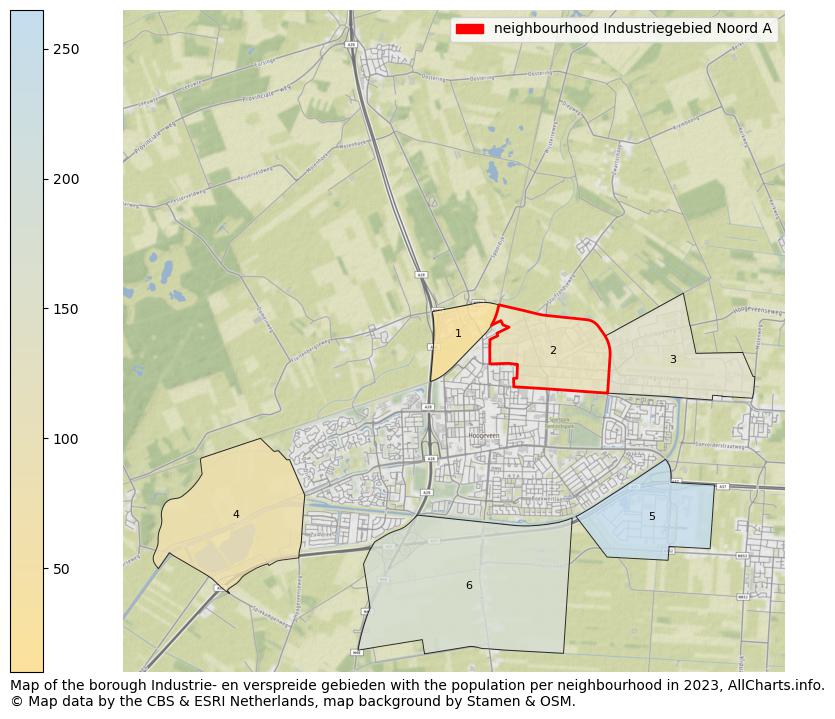 Map of the borough Industrie- en verspreide gebieden with the population per neighbourhood in 2023. This page shows a lot of information about residents (such as the distribution by age groups, family composition, gender, native or Dutch with an immigration background, ...), homes (numbers, types, price development, use, type of property, ...) and more (car ownership, energy consumption, ...) based on open data from the Dutch Central Bureau of Statistics and various other sources!