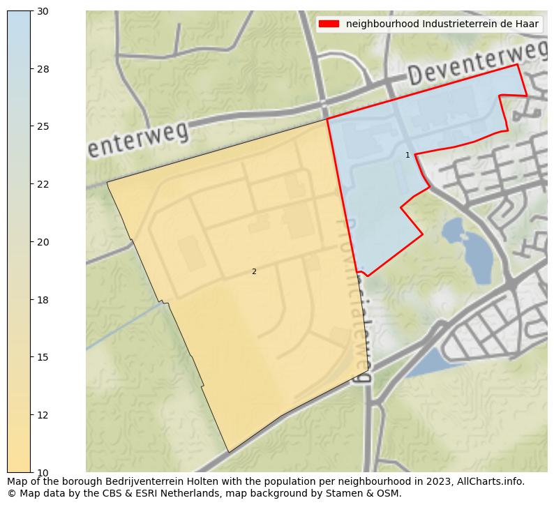Map of the borough Bedrijventerrein Holten with the population per neighbourhood in 2023. This page shows a lot of information about residents (such as the distribution by age groups, family composition, gender, native or Dutch with an immigration background, ...), homes (numbers, types, price development, use, type of property, ...) and more (car ownership, energy consumption, ...) based on open data from the Dutch Central Bureau of Statistics and various other sources!