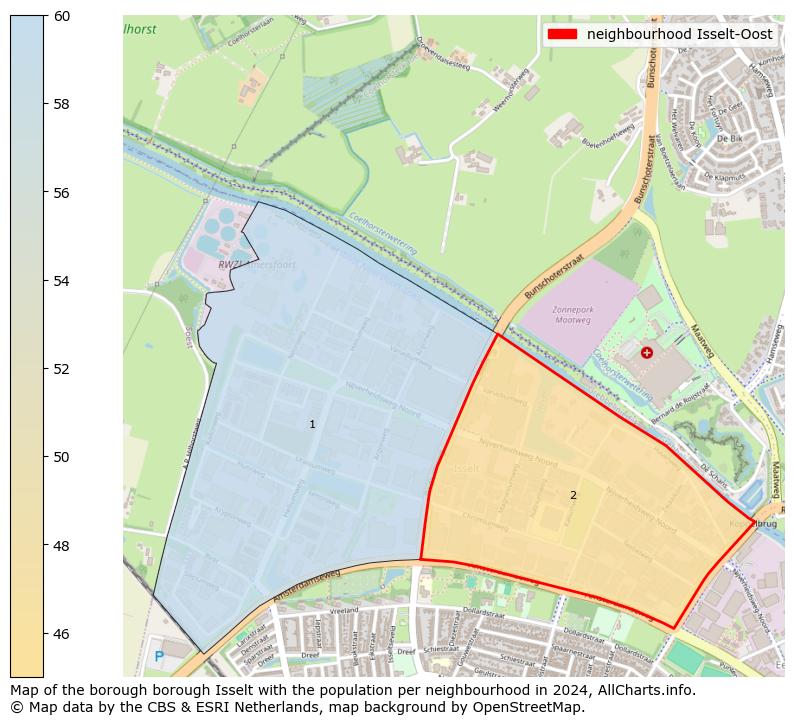 Image of the neighbourhood Isselt-Oost at the map. This image is used as introduction to this page. This page shows a lot of information about the population in the neighbourhood Isselt-Oost (such as the distribution by age groups of the residents, the composition of households, whether inhabitants are natives or Dutch with an immigration background, data about the houses (numbers, types, price development, use, type of property, ...) and more (car ownership, energy consumption, ...) based on open data from the Dutch Central Bureau of Statistics and various other sources!