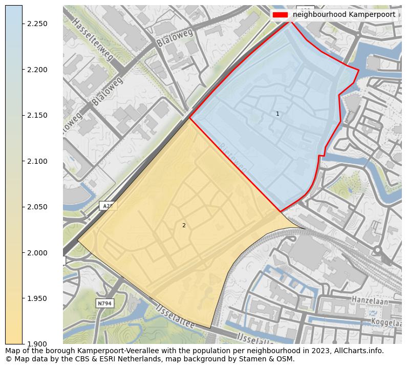 Map of the borough Kamperpoort-Veerallee with the population per neighbourhood in 2023. This page shows a lot of information about residents (such as the distribution by age groups, family composition, gender, native or Dutch with an immigration background, ...), homes (numbers, types, price development, use, type of property, ...) and more (car ownership, energy consumption, ...) based on open data from the Dutch Central Bureau of Statistics and various other sources!