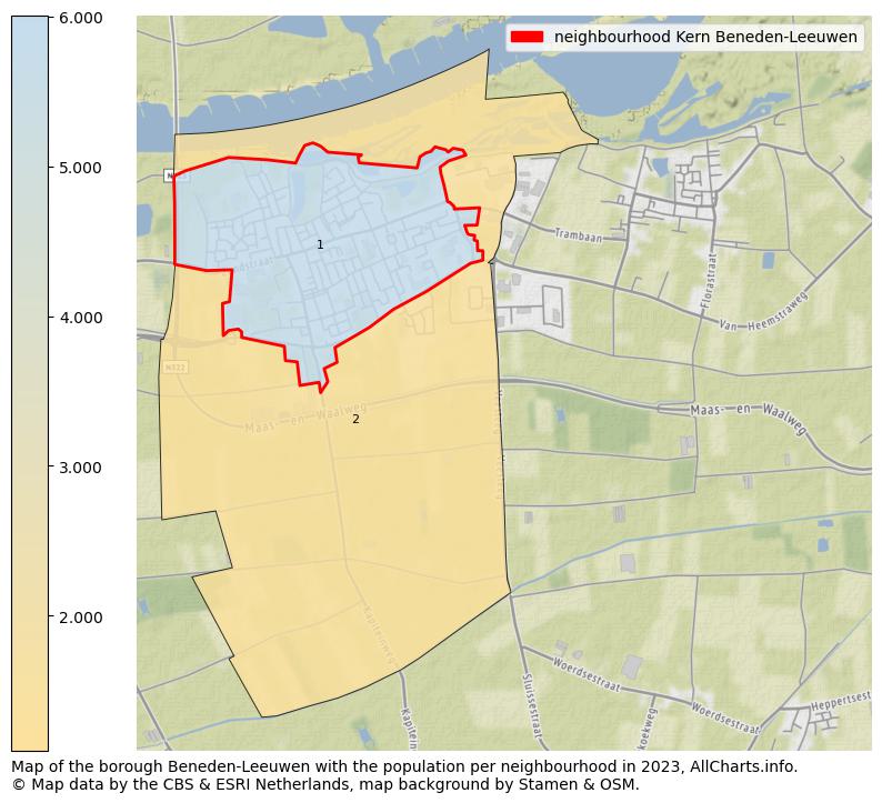 Map of the borough Beneden-Leeuwen with the population per neighbourhood in 2023. This page shows a lot of information about residents (such as the distribution by age groups, family composition, gender, native or Dutch with an immigration background, ...), homes (numbers, types, price development, use, type of property, ...) and more (car ownership, energy consumption, ...) based on open data from the Dutch Central Bureau of Statistics and various other sources!