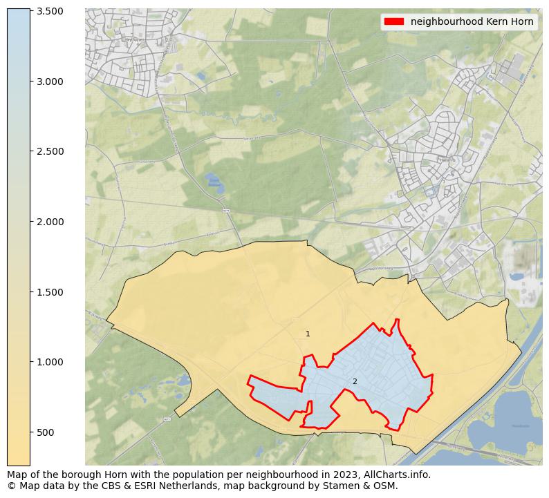 Map of the borough Horn with the population per neighbourhood in 2023. This page shows a lot of information about residents (such as the distribution by age groups, family composition, gender, native or Dutch with an immigration background, ...), homes (numbers, types, price development, use, type of property, ...) and more (car ownership, energy consumption, ...) based on open data from the Dutch Central Bureau of Statistics and various other sources!