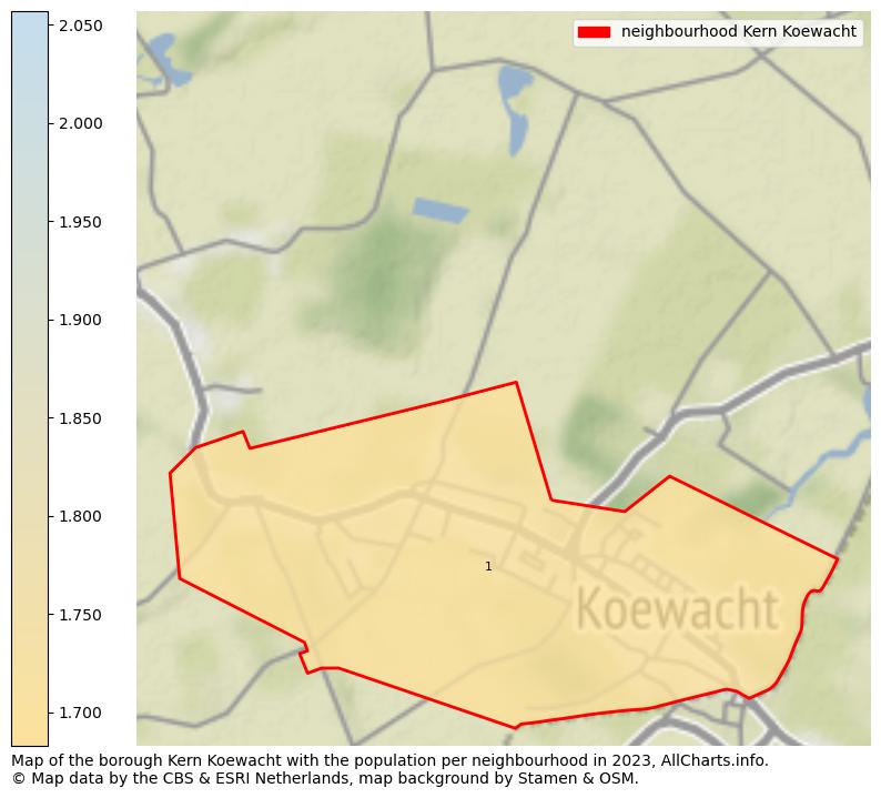 Map of the borough Kern Koewacht with the population per neighbourhood in 2023. This page shows a lot of information about residents (such as the distribution by age groups, family composition, gender, native or Dutch with an immigration background, ...), homes (numbers, types, price development, use, type of property, ...) and more (car ownership, energy consumption, ...) based on open data from the Dutch Central Bureau of Statistics and various other sources!