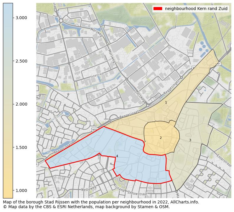 Map of the borough Stad Rijssen with the population per neighbourhood in 2022. This page shows a lot of information about residents (such as the distribution by age groups, family composition, gender, native or Dutch with an immigration background, ...), homes (numbers, types, price development, use, type of property, ...) and more (car ownership, energy consumption, ...) based on open data from the Dutch Central Bureau of Statistics and various other sources!