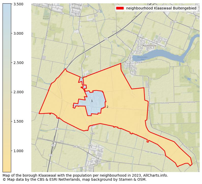 Map of the borough Klaaswaal with the population per neighbourhood in 2023. This page shows a lot of information about residents (such as the distribution by age groups, family composition, gender, native or Dutch with an immigration background, ...), homes (numbers, types, price development, use, type of property, ...) and more (car ownership, energy consumption, ...) based on open data from the Dutch Central Bureau of Statistics and various other sources!