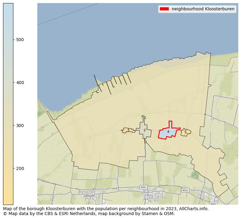 Map of the borough Kloosterburen with the population per neighbourhood in 2023. This page shows a lot of information about residents (such as the distribution by age groups, family composition, gender, native or Dutch with an immigration background, ...), homes (numbers, types, price development, use, type of property, ...) and more (car ownership, energy consumption, ...) based on open data from the Dutch Central Bureau of Statistics and various other sources!