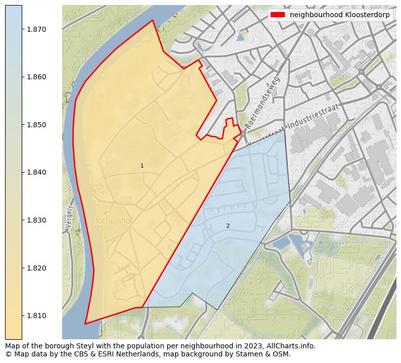 Map of the borough Steyl with the population per neighbourhood in 2023. This page shows a lot of information about residents (such as the distribution by age groups, family composition, gender, native or Dutch with an immigration background, ...), homes (numbers, types, price development, use, type of property, ...) and more (car ownership, energy consumption, ...) based on open data from the Dutch Central Bureau of Statistics and various other sources!
