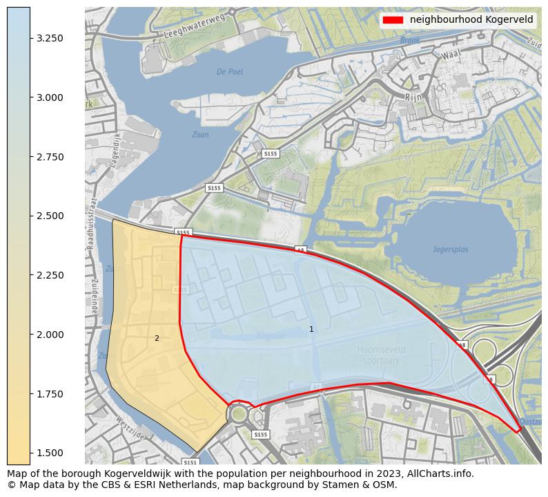 Map of the borough Kogerveldwijk with the population per neighbourhood in 2023. This page shows a lot of information about residents (such as the distribution by age groups, family composition, gender, native or Dutch with an immigration background, ...), homes (numbers, types, price development, use, type of property, ...) and more (car ownership, energy consumption, ...) based on open data from the Dutch Central Bureau of Statistics and various other sources!