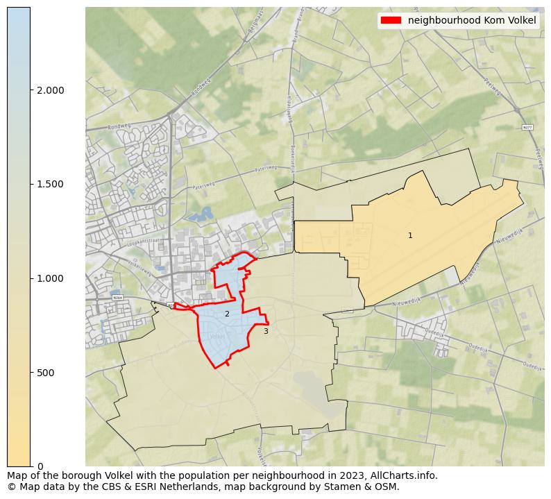 Map of the borough Volkel with the population per neighbourhood in 2023. This page shows a lot of information about residents (such as the distribution by age groups, family composition, gender, native or Dutch with an immigration background, ...), homes (numbers, types, price development, use, type of property, ...) and more (car ownership, energy consumption, ...) based on open data from the Dutch Central Bureau of Statistics and various other sources!