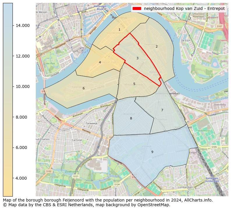 Image of the neighbourhood Kop van Zuid - Entrepot at the map. This image is used as introduction to this page. This page shows a lot of information about the population in the neighbourhood Kop van Zuid - Entrepot (such as the distribution by age groups of the residents, the composition of households, whether inhabitants are natives or Dutch with an immigration background, data about the houses (numbers, types, price development, use, type of property, ...) and more (car ownership, energy consumption, ...) based on open data from the Dutch Central Bureau of Statistics and various other sources!