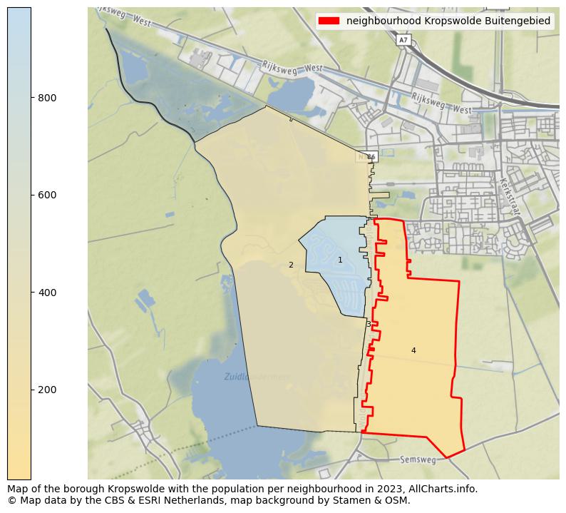 Map of the borough Kropswolde with the population per neighbourhood in 2023. This page shows a lot of information about residents (such as the distribution by age groups, family composition, gender, native or Dutch with an immigration background, ...), homes (numbers, types, price development, use, type of property, ...) and more (car ownership, energy consumption, ...) based on open data from the Dutch Central Bureau of Statistics and various other sources!