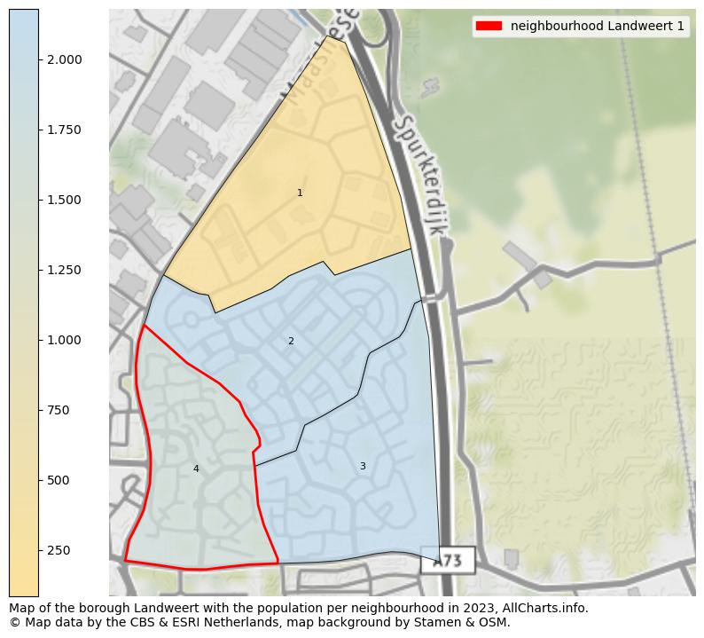 Map of the borough Landweert with the population per neighbourhood in 2023. This page shows a lot of information about residents (such as the distribution by age groups, family composition, gender, native or Dutch with an immigration background, ...), homes (numbers, types, price development, use, type of property, ...) and more (car ownership, energy consumption, ...) based on open data from the Dutch Central Bureau of Statistics and various other sources!