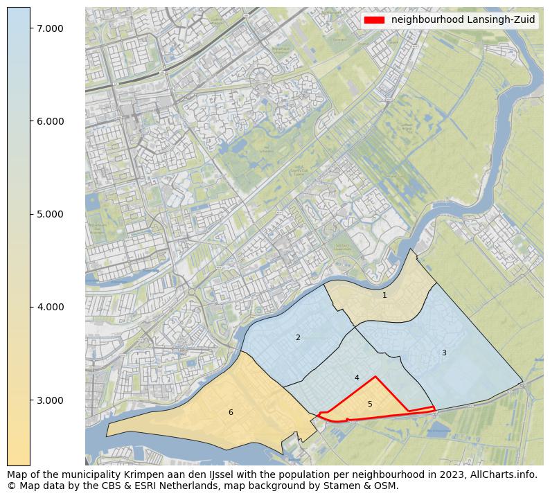 Map of the municipality Krimpen aan den IJssel with the population per neighbourhood in 2023. This page shows a lot of information about residents (such as the distribution by age groups, family composition, gender, native or Dutch with an immigration background, ...), homes (numbers, types, price development, use, type of property, ...) and more (car ownership, energy consumption, ...) based on open data from the Dutch Central Bureau of Statistics and various other sources!