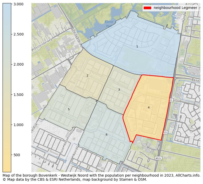 Map of the borough Bovenkerk - Westwijk Noord with the population per neighbourhood in 2023. This page shows a lot of information about residents (such as the distribution by age groups, family composition, gender, native or Dutch with an immigration background, ...), homes (numbers, types, price development, use, type of property, ...) and more (car ownership, energy consumption, ...) based on open data from the Dutch Central Bureau of Statistics and various other sources!