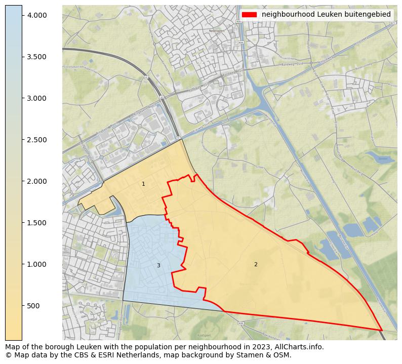 Map of the borough Leuken with the population per neighbourhood in 2023. This page shows a lot of information about residents (such as the distribution by age groups, family composition, gender, native or Dutch with an immigration background, ...), homes (numbers, types, price development, use, type of property, ...) and more (car ownership, energy consumption, ...) based on open data from the Dutch Central Bureau of Statistics and various other sources!