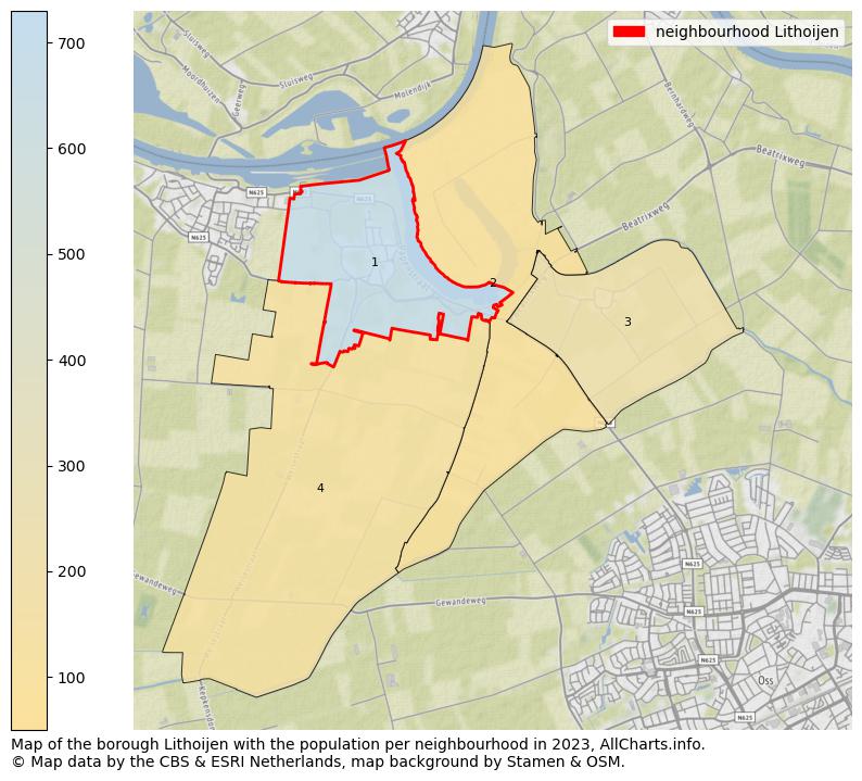 Map of the borough Lithoijen with the population per neighbourhood in 2023. This page shows a lot of information about residents (such as the distribution by age groups, family composition, gender, native or Dutch with an immigration background, ...), homes (numbers, types, price development, use, type of property, ...) and more (car ownership, energy consumption, ...) based on open data from the Dutch Central Bureau of Statistics and various other sources!