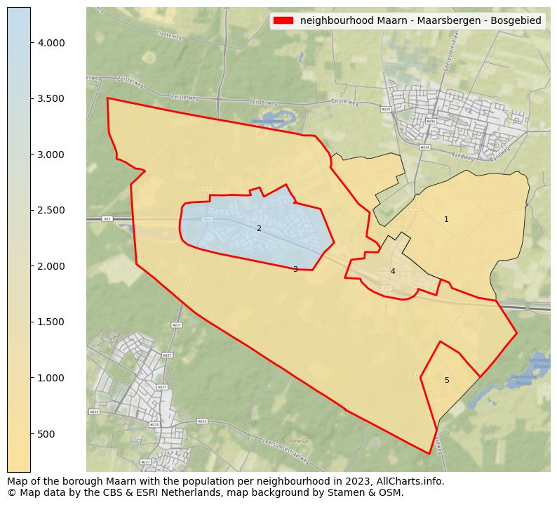 Map of the borough Maarn with the population per neighbourhood in 2023. This page shows a lot of information about residents (such as the distribution by age groups, family composition, gender, native or Dutch with an immigration background, ...), homes (numbers, types, price development, use, type of property, ...) and more (car ownership, energy consumption, ...) based on open data from the Dutch Central Bureau of Statistics and various other sources!