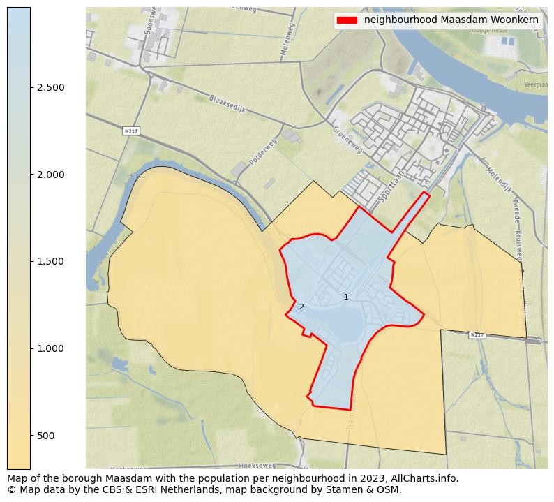 Map of the borough Maasdam with the population per neighbourhood in 2023. This page shows a lot of information about residents (such as the distribution by age groups, family composition, gender, native or Dutch with an immigration background, ...), homes (numbers, types, price development, use, type of property, ...) and more (car ownership, energy consumption, ...) based on open data from the Dutch Central Bureau of Statistics and various other sources!