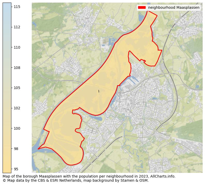 Map of the borough Maasplassen with the population per neighbourhood in 2023. This page shows a lot of information about residents (such as the distribution by age groups, family composition, gender, native or Dutch with an immigration background, ...), homes (numbers, types, price development, use, type of property, ...) and more (car ownership, energy consumption, ...) based on open data from the Dutch Central Bureau of Statistics and various other sources!