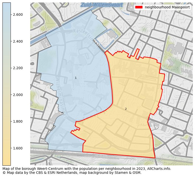 Map of the borough Weert-Centrum with the population per neighbourhood in 2023. This page shows a lot of information about residents (such as the distribution by age groups, family composition, gender, native or Dutch with an immigration background, ...), homes (numbers, types, price development, use, type of property, ...) and more (car ownership, energy consumption, ...) based on open data from the Dutch Central Bureau of Statistics and various other sources!