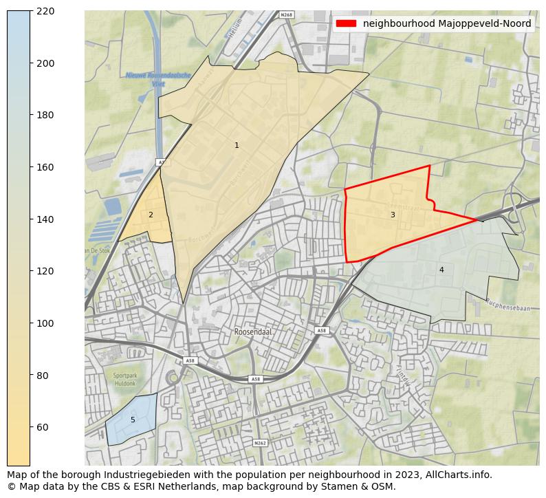 Map of the borough Industriegebieden with the population per neighbourhood in 2023. This page shows a lot of information about residents (such as the distribution by age groups, family composition, gender, native or Dutch with an immigration background, ...), homes (numbers, types, price development, use, type of property, ...) and more (car ownership, energy consumption, ...) based on open data from the Dutch Central Bureau of Statistics and various other sources!