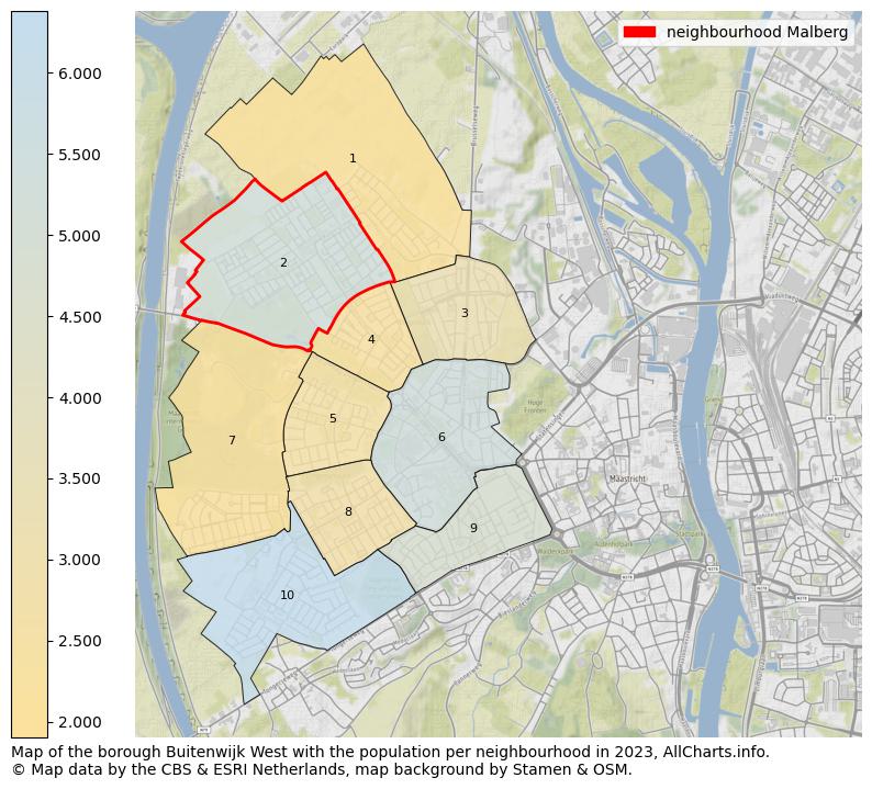 Map of the borough Buitenwijk West with the population per neighbourhood in 2021. This page shows a lot of information about residents (such as the distribution by age groups, family composition, gender, native or Dutch with an immigration background, ...), homes (numbers, types, price development, use, type of property, ...) and more (car ownership, energy consumption, ...) based on open data from the Dutch Central Bureau of Statistics and various other sources!
