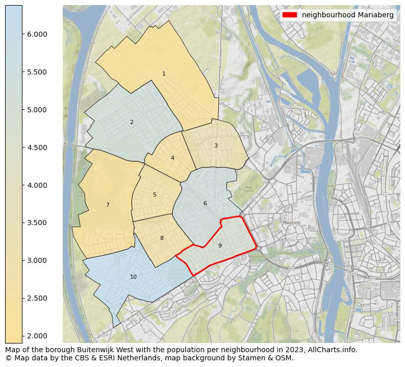 Map of the borough Buitenwijk West with the population per neighbourhood in 2022. This page shows a lot of information about residents (such as the distribution by age groups, family composition, gender, native or Dutch with an immigration background, ...), homes (numbers, types, price development, use, type of property, ...) and more (car ownership, energy consumption, ...) based on open data from the Dutch Central Bureau of Statistics and various other sources!