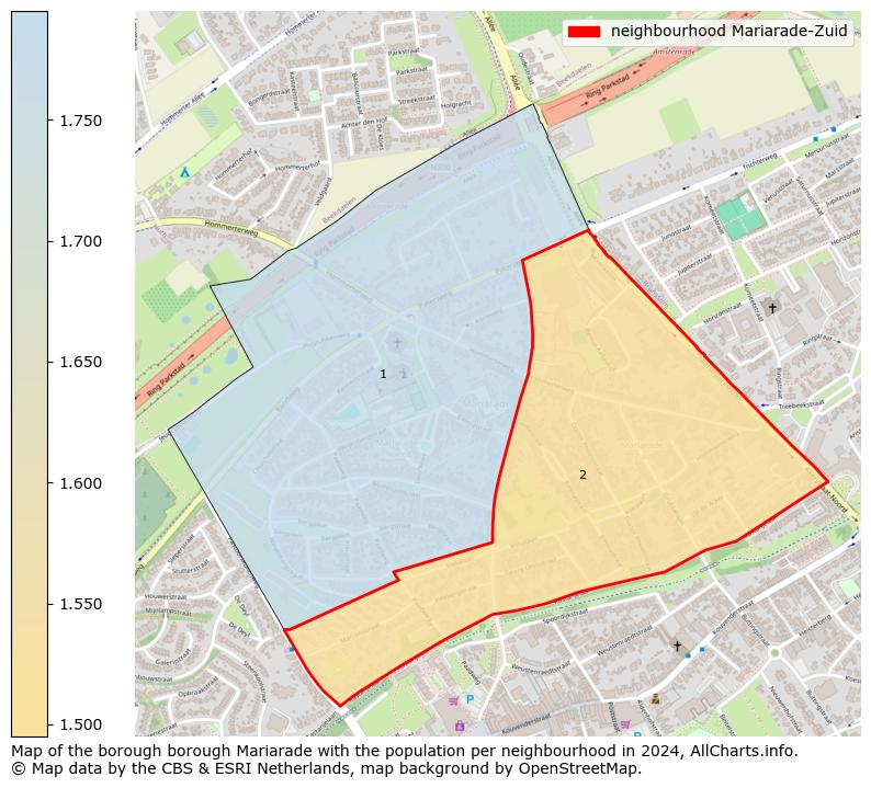 Image of the neighbourhood Mariarade-Zuid at the map. This image is used as introduction to this page. This page shows a lot of information about the population in the neighbourhood Mariarade-Zuid (such as the distribution by age groups of the residents, the composition of households, whether inhabitants are natives or Dutch with an immigration background, data about the houses (numbers, types, price development, use, type of property, ...) and more (car ownership, energy consumption, ...) based on open data from the Dutch Central Bureau of Statistics and various other sources!