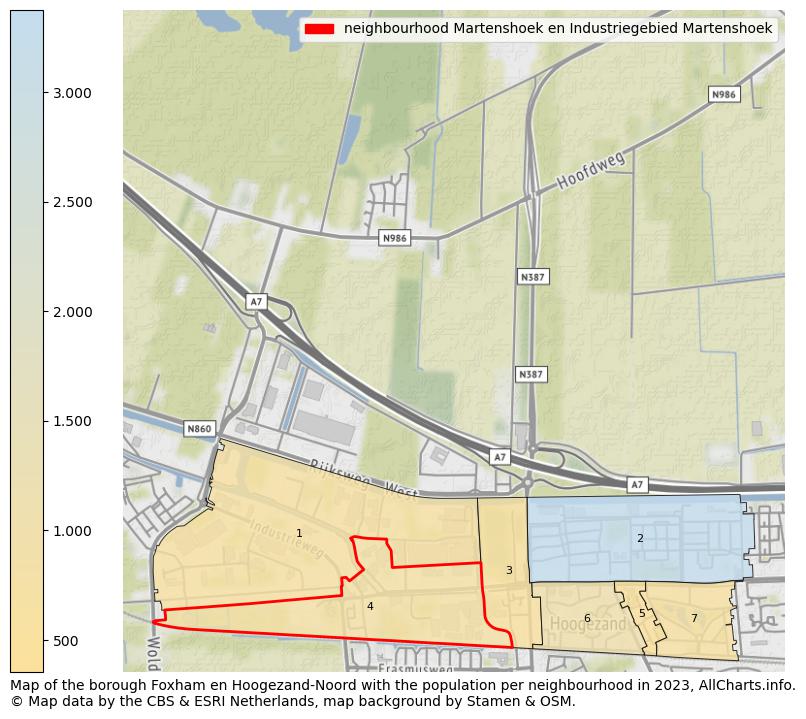 Map of the borough Foxham en Hoogezand-Noord with the population per neighbourhood in 2023. This page shows a lot of information about residents (such as the distribution by age groups, family composition, gender, native or Dutch with an immigration background, ...), homes (numbers, types, price development, use, type of property, ...) and more (car ownership, energy consumption, ...) based on open data from the Dutch Central Bureau of Statistics and various other sources!