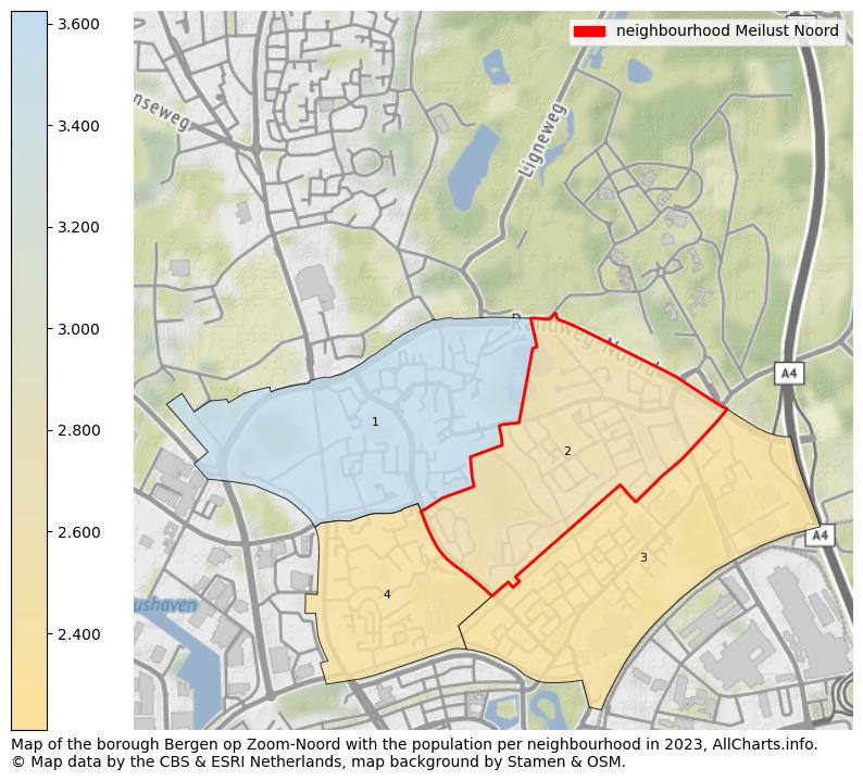 Map of the borough Bergen op Zoom-Noord with the population per neighbourhood in 2023. This page shows a lot of information about residents (such as the distribution by age groups, family composition, gender, native or Dutch with an immigration background, ...), homes (numbers, types, price development, use, type of property, ...) and more (car ownership, energy consumption, ...) based on open data from the Dutch Central Bureau of Statistics and various other sources!