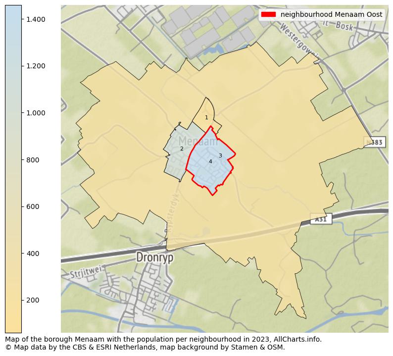 Map of the borough Menaam with the population per neighbourhood in 2023. This page shows a lot of information about residents (such as the distribution by age groups, family composition, gender, native or Dutch with an immigration background, ...), homes (numbers, types, price development, use, type of property, ...) and more (car ownership, energy consumption, ...) based on open data from the Dutch Central Bureau of Statistics and various other sources!