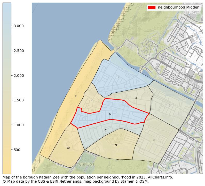 Map of the borough Kataan Zee with the population per neighbourhood in 2023. This page shows a lot of information about residents (such as the distribution by age groups, family composition, gender, native or Dutch with an immigration background, ...), homes (numbers, types, price development, use, type of property, ...) and more (car ownership, energy consumption, ...) based on open data from the Dutch Central Bureau of Statistics and various other sources!