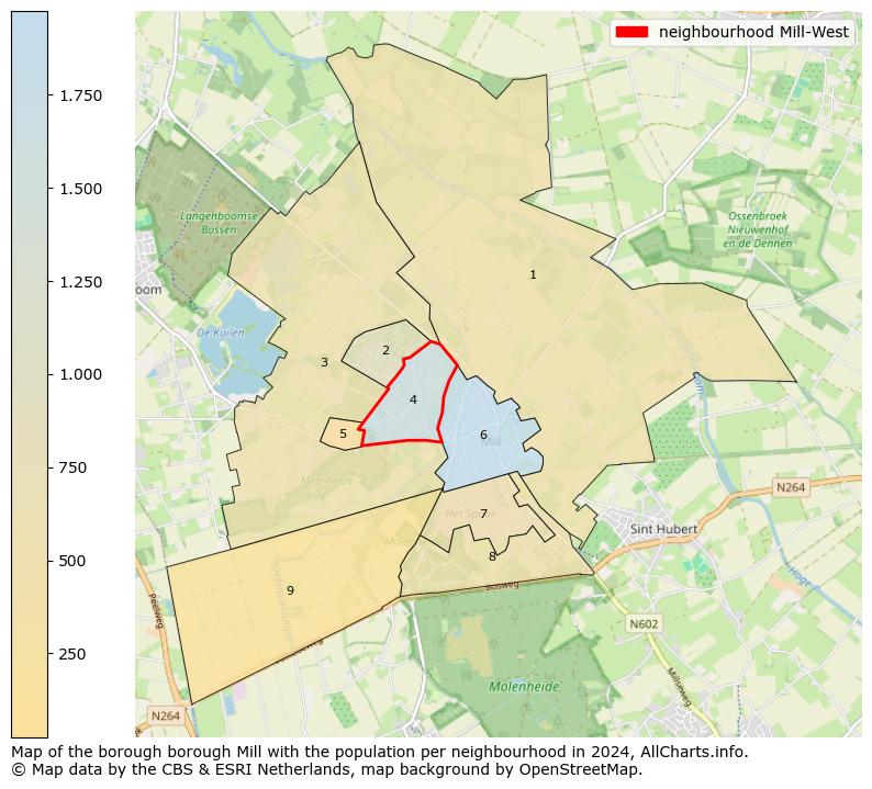 Image of the neighbourhood Mill-West at the map. This image is used as introduction to this page. This page shows a lot of information about the population in the neighbourhood Mill-West (such as the distribution by age groups of the residents, the composition of households, whether inhabitants are natives or Dutch with an immigration background, data about the houses (numbers, types, price development, use, type of property, ...) and more (car ownership, energy consumption, ...) based on open data from the Dutch Central Bureau of Statistics and various other sources!