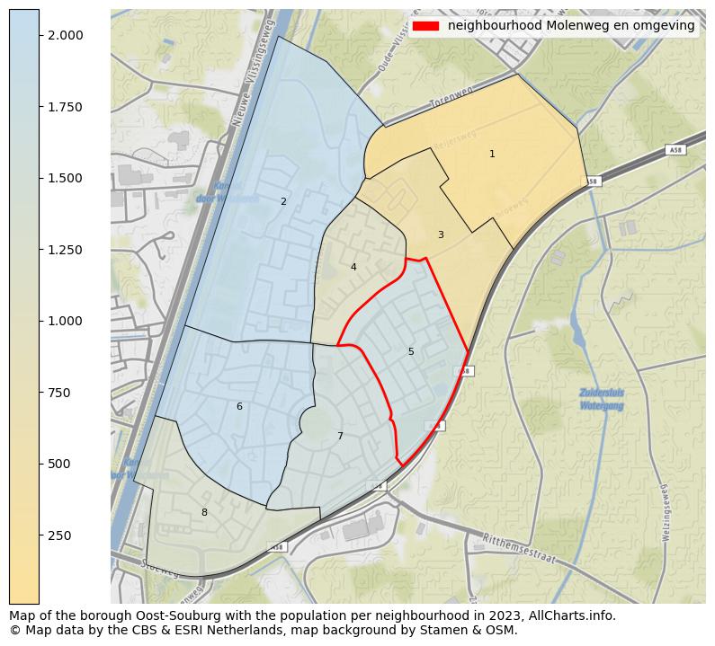 Map of the borough Oost-Souburg with the population per neighbourhood in 2023. This page shows a lot of information about residents (such as the distribution by age groups, family composition, gender, native or Dutch with an immigration background, ...), homes (numbers, types, price development, use, type of property, ...) and more (car ownership, energy consumption, ...) based on open data from the Dutch Central Bureau of Statistics and various other sources!