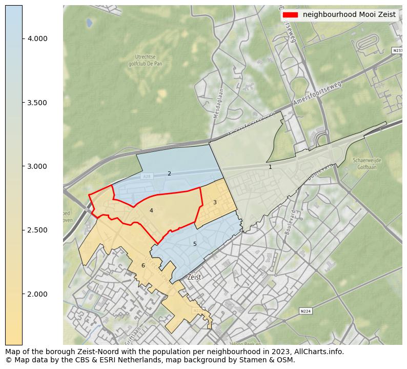 Map of the borough Zeist-Noord with the population per neighbourhood in 2023. This page shows a lot of information about residents (such as the distribution by age groups, family composition, gender, native or Dutch with an immigration background, ...), homes (numbers, types, price development, use, type of property, ...) and more (car ownership, energy consumption, ...) based on open data from the Dutch Central Bureau of Statistics and various other sources!