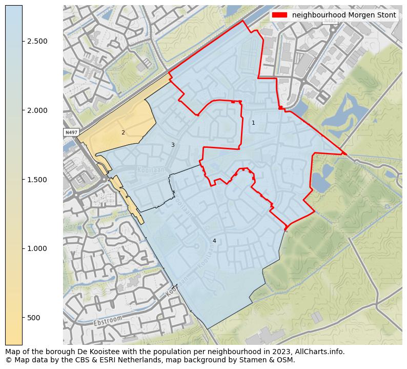 Map of the borough De Kooistee with the population per neighbourhood in 2023. This page shows a lot of information about residents (such as the distribution by age groups, family composition, gender, native or Dutch with an immigration background, ...), homes (numbers, types, price development, use, type of property, ...) and more (car ownership, energy consumption, ...) based on open data from the Dutch Central Bureau of Statistics and various other sources!
