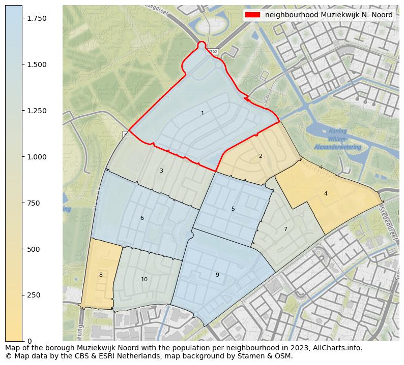 Map of the borough Muziekwijk Noord with the population per neighbourhood in 2023. This page shows a lot of information about residents (such as the distribution by age groups, family composition, gender, native or Dutch with an immigration background, ...), homes (numbers, types, price development, use, type of property, ...) and more (car ownership, energy consumption, ...) based on open data from the Dutch Central Bureau of Statistics and various other sources!