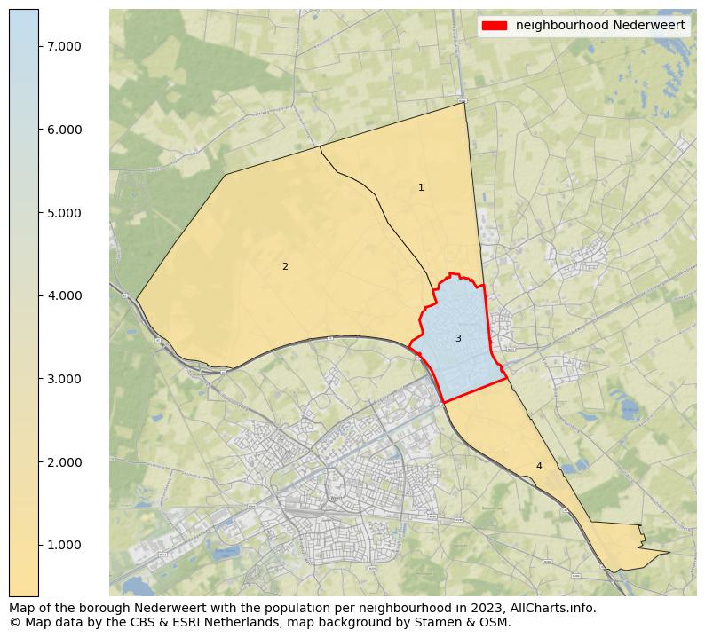 Map of the borough Nederweert with the population per neighbourhood in 2023. This page shows a lot of information about residents (such as the distribution by age groups, family composition, gender, native or Dutch with an immigration background, ...), homes (numbers, types, price development, use, type of property, ...) and more (car ownership, energy consumption, ...) based on open data from the Dutch Central Bureau of Statistics and various other sources!