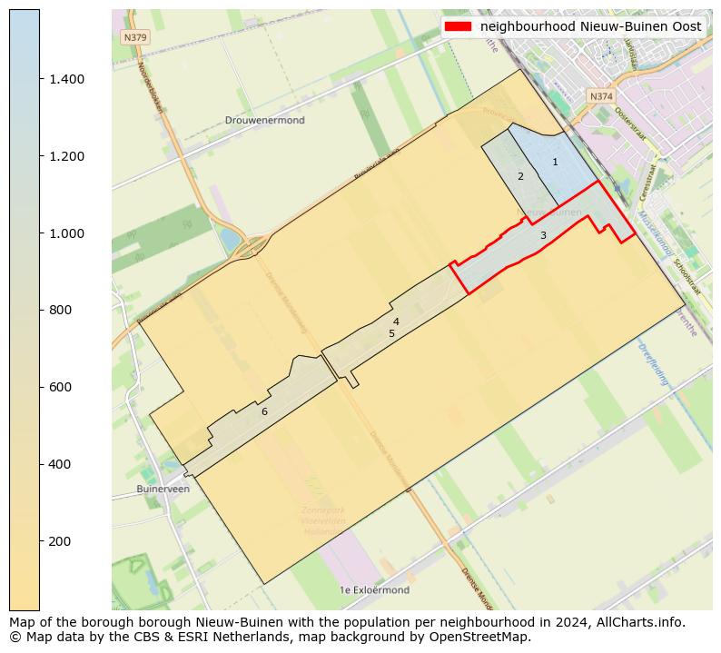 Image of the neighbourhood Nieuw-Buinen Oost at the map. This image is used as introduction to this page. This page shows a lot of information about the population in the neighbourhood Nieuw-Buinen Oost (such as the distribution by age groups of the residents, the composition of households, whether inhabitants are natives or Dutch with an immigration background, data about the houses (numbers, types, price development, use, type of property, ...) and more (car ownership, energy consumption, ...) based on open data from the Dutch Central Bureau of Statistics and various other sources!