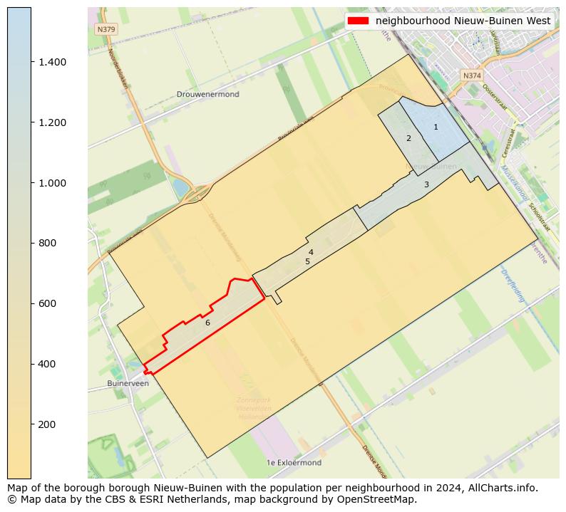 Image of the neighbourhood Nieuw-Buinen West at the map. This image is used as introduction to this page. This page shows a lot of information about the population in the neighbourhood Nieuw-Buinen West (such as the distribution by age groups of the residents, the composition of households, whether inhabitants are natives or Dutch with an immigration background, data about the houses (numbers, types, price development, use, type of property, ...) and more (car ownership, energy consumption, ...) based on open data from the Dutch Central Bureau of Statistics and various other sources!