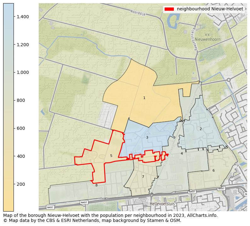 Map of the borough Nieuw-Helvoet with the population per neighbourhood in 2023. This page shows a lot of information about residents (such as the distribution by age groups, family composition, gender, native or Dutch with an immigration background, ...), homes (numbers, types, price development, use, type of property, ...) and more (car ownership, energy consumption, ...) based on open data from the Dutch Central Bureau of Statistics and various other sources!