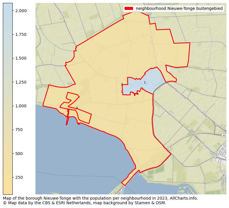 Map of the borough Nieuwe-Tonge with the population per neighbourhood in 2023. This page shows a lot of information about residents (such as the distribution by age groups, family composition, gender, native or Dutch with an immigration background, ...), homes (numbers, types, price development, use, type of property, ...) and more (car ownership, energy consumption, ...) based on open data from the Dutch Central Bureau of Statistics and various other sources!