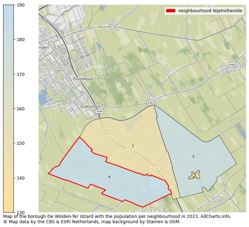 Map of the borough De Wolden-Ter Idzard with the population per neighbourhood in 2023. This page shows a lot of information about residents (such as the distribution by age groups, family composition, gender, native or Dutch with an immigration background, ...), homes (numbers, types, price development, use, type of property, ...) and more (car ownership, energy consumption, ...) based on open data from the Dutch Central Bureau of Statistics and various other sources!