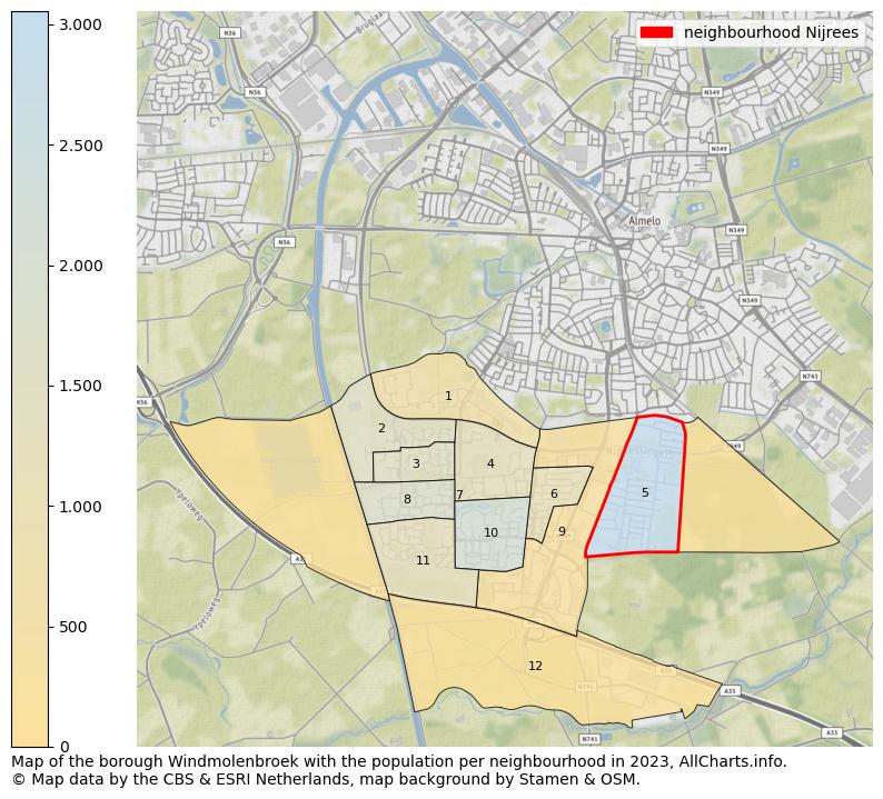 Map of the borough Windmolenbroek with the population per neighbourhood in 2023. This page shows a lot of information about residents (such as the distribution by age groups, family composition, gender, native or Dutch with an immigration background, ...), homes (numbers, types, price development, use, type of property, ...) and more (car ownership, energy consumption, ...) based on open data from the Dutch Central Bureau of Statistics and various other sources!