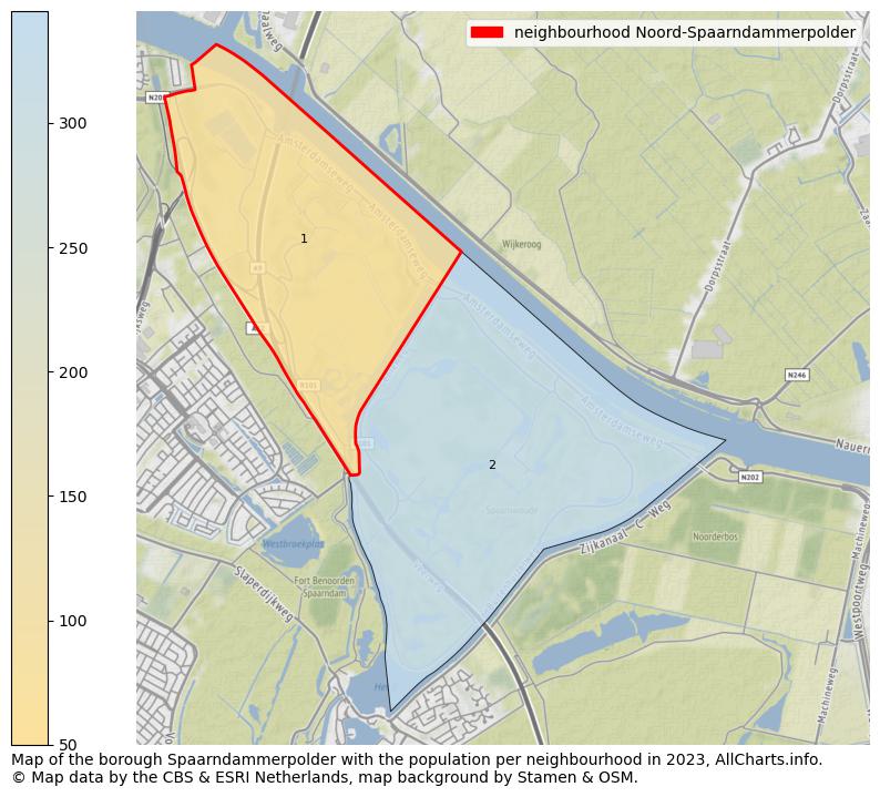 Map of the borough Spaarndammerpolder with the population per neighbourhood in 2023. This page shows a lot of information about residents (such as the distribution by age groups, family composition, gender, native or Dutch with an immigration background, ...), homes (numbers, types, price development, use, type of property, ...) and more (car ownership, energy consumption, ...) based on open data from the Dutch Central Bureau of Statistics and various other sources!