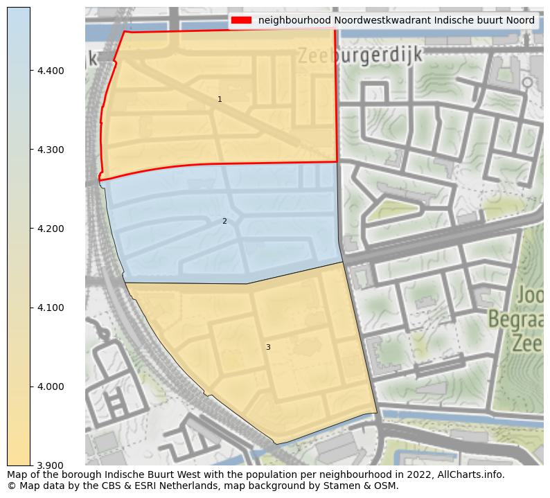 Map of the borough Indische Buurt West with the population per neighbourhood in 2022. This page shows a lot of information about residents (such as the distribution by age groups, family composition, gender, native or Dutch with an immigration background, ...), homes (numbers, types, price development, use, type of property, ...) and more (car ownership, energy consumption, ...) based on open data from the Dutch Central Bureau of Statistics and various other sources!