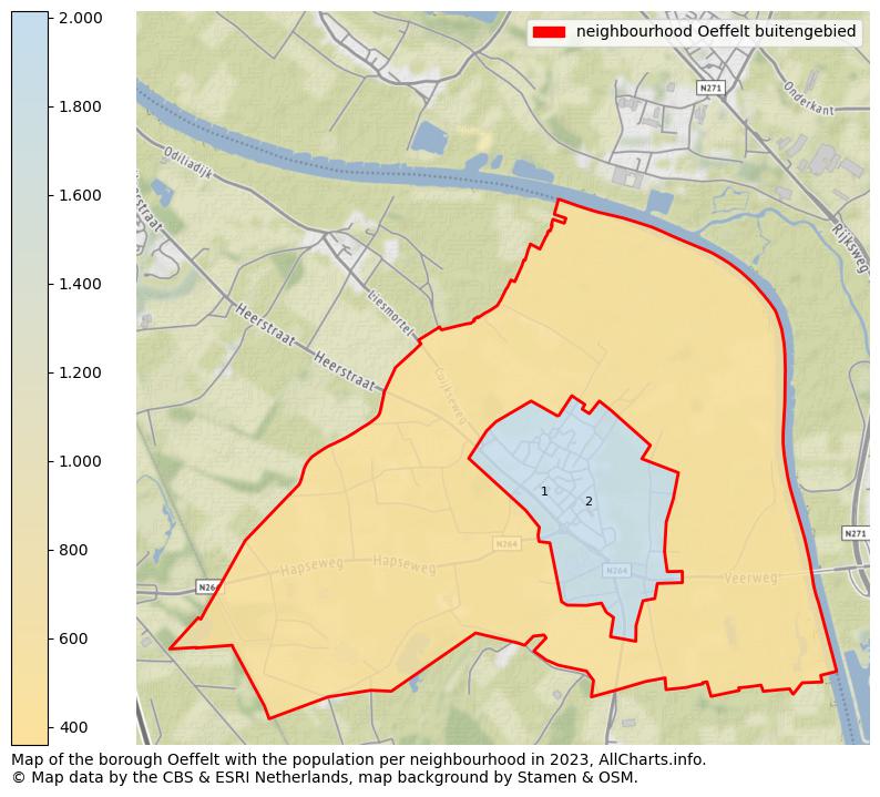 Map of the borough Oeffelt with the population per neighbourhood in 2023. This page shows a lot of information about residents (such as the distribution by age groups, family composition, gender, native or Dutch with an immigration background, ...), homes (numbers, types, price development, use, type of property, ...) and more (car ownership, energy consumption, ...) based on open data from the Dutch Central Bureau of Statistics and various other sources!