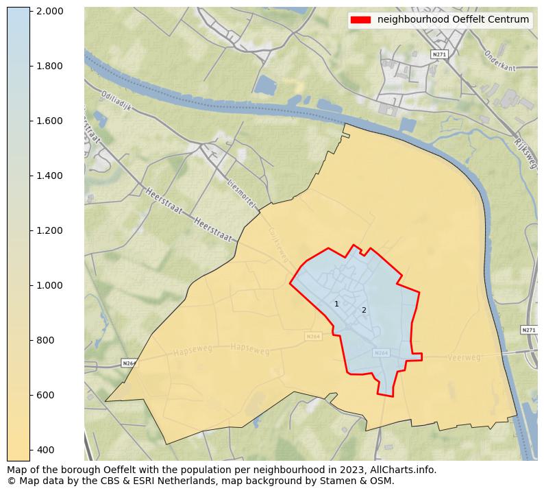 Map of the borough Oeffelt with the population per neighbourhood in 2023. This page shows a lot of information about residents (such as the distribution by age groups, family composition, gender, native or Dutch with an immigration background, ...), homes (numbers, types, price development, use, type of property, ...) and more (car ownership, energy consumption, ...) based on open data from the Dutch Central Bureau of Statistics and various other sources!